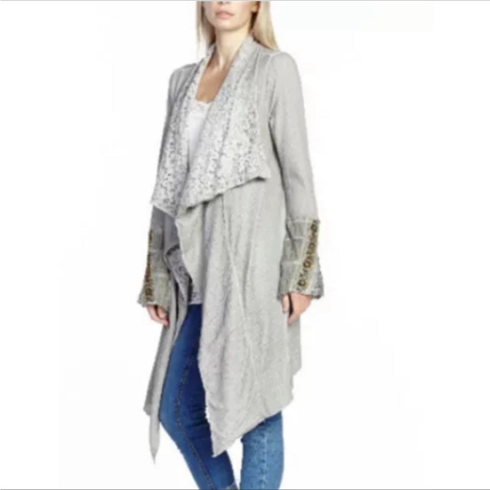 Aratta Light Gray Draped Open Cardigan with Embellished Cuffs